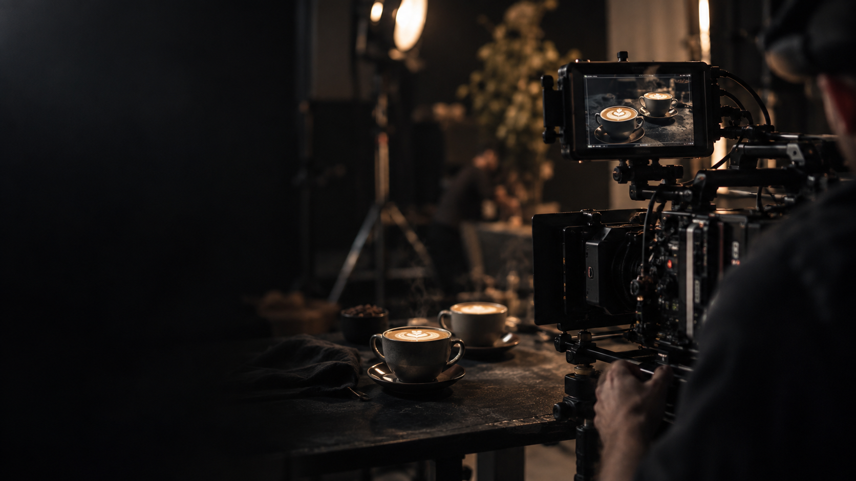 Kahve reklamı çekiminde sinema kamerası